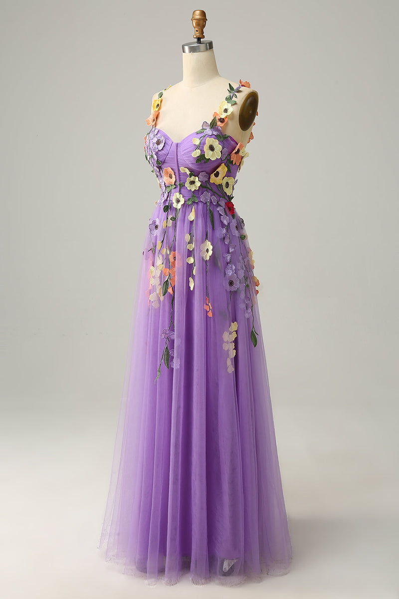 Laden Sie das Bild in den Galerie-Viewer, A-Linie lila Spaghettiträger Ballkleid mit 3D-Blumen