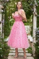 Laden Sie das Bild in den Galerie-Viewer, Rosa Tüll A-Linie Midi Ballkleid mit Herzausschnitt