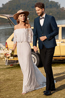 Laden Sie das Bild in den Galerie-Viewer, Elfenbein Meerjungfrau  Schulterfreies Spitze Boho Brautkleid mit Sweep Train