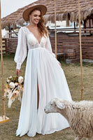Laden Sie das Bild in den Galerie-Viewer, Zapaka Frauen Boho Brautkleid Elfenbein Spitze Chiffon V-Ausschnitt Langarm Hochzeitskleid