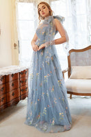 Laden Sie das Bild in den Galerie-Viewer, A Linie Eine Schulter Grau Blau Übergröße Ballkleid mit Stickerei