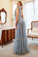 Laden Sie das Bild in den Galerie-Viewer, A Linie Eine Schulter Grau Blau Übergröße Ballkleid mit Stickerei