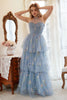 Laden Sie das Bild in den Galerie-Viewer, A-Line Neckholder Kleid Grau Blau Übergröße Ballkleid mit Stickerei