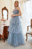 Laden Sie das Bild in den Galerie-Viewer, A-Line Neckholder Kleid Grau Blau Übergröße Ballkleid mit Stickerei