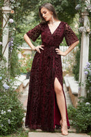 Laden Sie das Bild in den Galerie-Viewer, A-Linie V-Ausschnitt Rost langes Brautjungfernkleid mit Schlitz