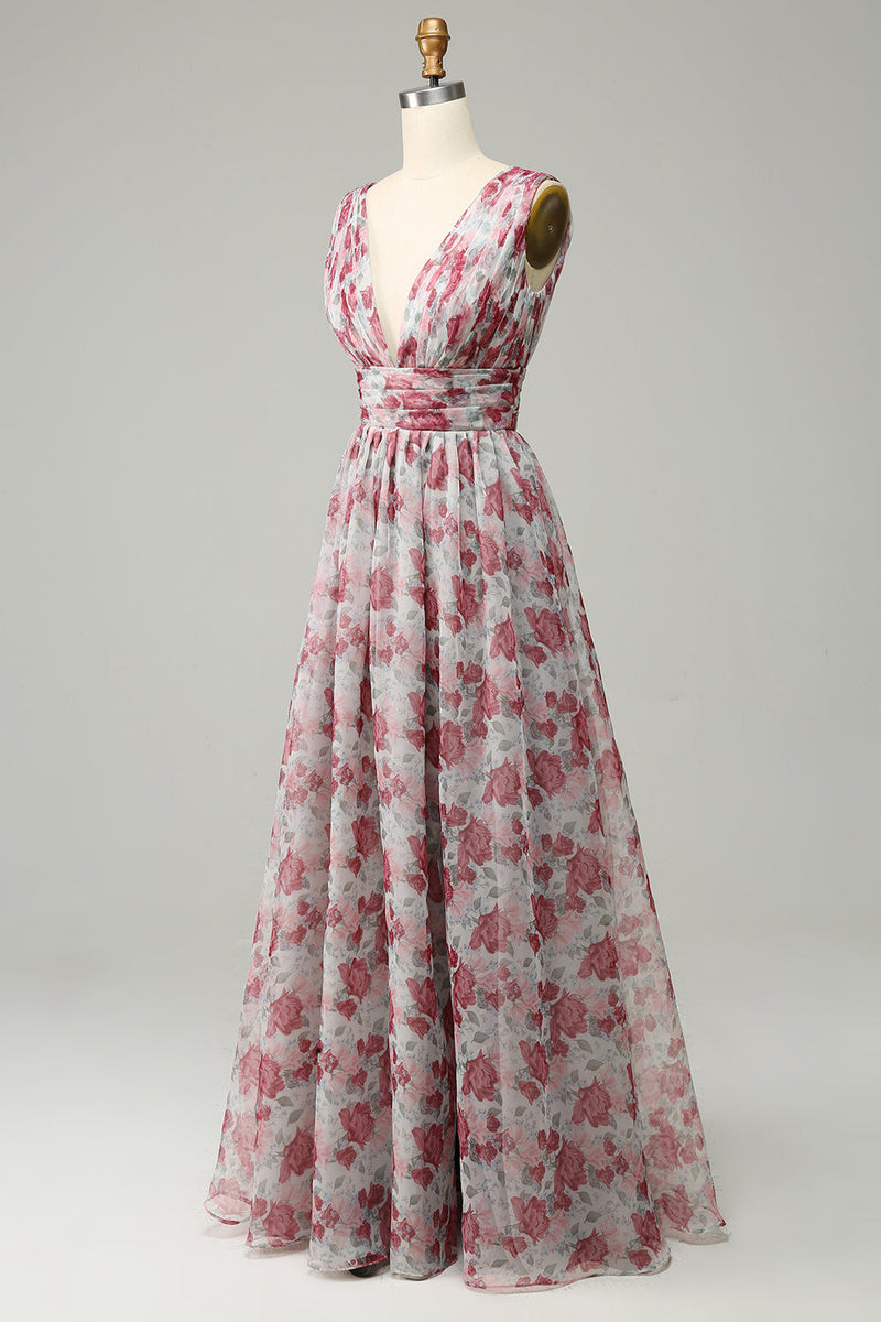 Laden Sie das Bild in den Galerie-Viewer, Graues und rosa geblümtes langes Brautjungfernkleid