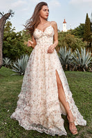 Laden Sie das Bild in den Galerie-Viewer, A Linie Spaghettiträger Apricot Drucken Ballkleid mit Schlitz