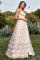 Laden Sie das Bild in den Galerie-Viewer, A Linie Spaghettiträger Apricot Drucken Ballkleid mit Schlitz