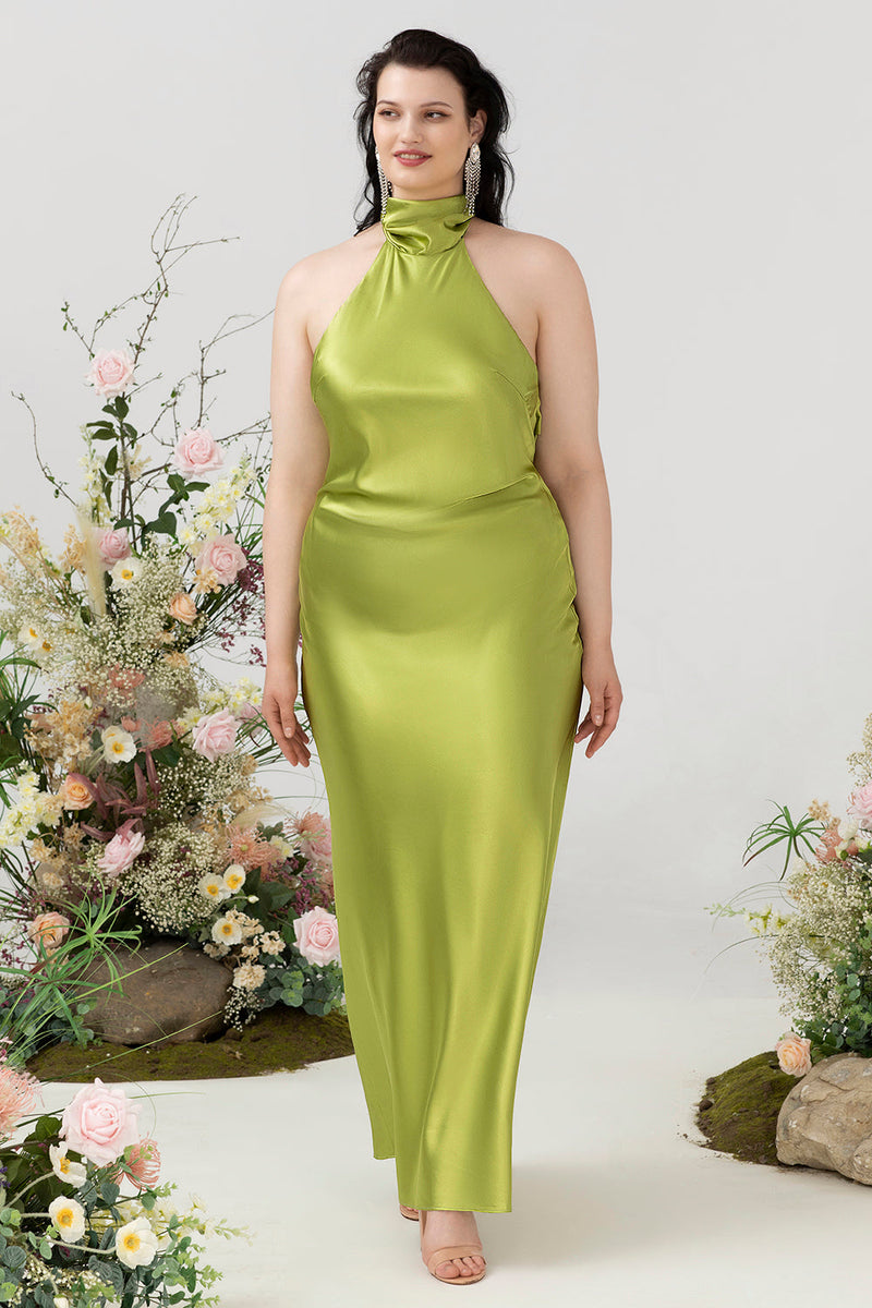 Laden Sie das Bild in den Galerie-Viewer, Scheiden Neckholder Zitronengrün Übergröße Hochzeitsgastkleid mit offenem Rücken