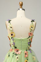 Laden Sie das Bild in den Galerie-Viewer, A Linie Spaghetti Träger Champagner Kurzes Abschlussballkleid mit Applikationen