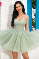 Laden Sie das Bild in den Galerie-Viewer, Marineblaues Korsett A-Linie Tüll Kurzes Abiballkleid