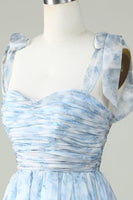 Laden Sie das Bild in den Galerie-Viewer, Blaues A-Linie Spaghettiträger Abiballkleid