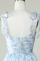 Laden Sie das Bild in den Galerie-Viewer, Blaues A-Linie Spaghettiträger Abiballkleid