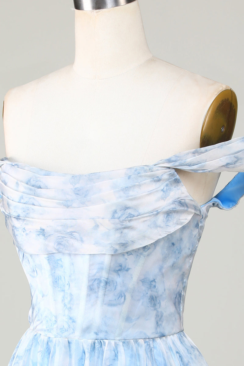 Laden Sie das Bild in den Galerie-Viewer, Niedliches schulterfreies blaues bedrucktes kurzes Cocktailkleid mit Rüschen
