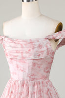 Laden Sie das Bild in den Galerie-Viewer, A-Linie Niedliches kurzes Blush Abschlussballkleid mit Drucken und Rüschen