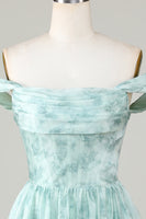 Laden Sie das Bild in den Galerie-Viewer, Stilvolles Salbei schulterfreies kurzes Abschlusskleid mit Drucken