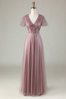 Laden Sie das Bild in den Galerie-Viewer, A-Linien V-Ausschnitt Staubblaues langes Brautjungfernkleid mit Perlen