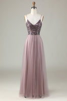 Laden Sie das Bild in den Galerie-Viewer, Perlenbesetzte Spaghettiträger Staubiges blaues Brautjungfernkleid