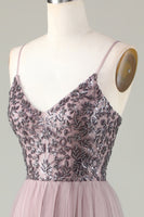 Laden Sie das Bild in den Galerie-Viewer, Perlenbesetzte Spaghettiträger Staubiges blaues Brautjungfernkleid