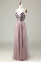 Laden Sie das Bild in den Galerie-Viewer, Perlenbesetzte Spaghettiträger Staubiges blaues Brautjungfernkleid