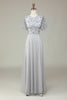Laden Sie das Bild in den Galerie-Viewer, A-Linie Juwel Hals Grau Langes Brautjungfernkleid mit kurzen Ärmeln