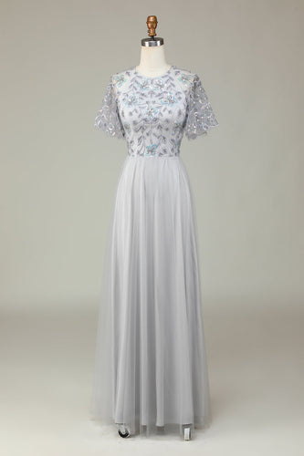 Langes A-Linie graues Tüll Brautjungfernkleid mit Perlen und Applikationen