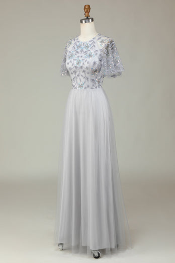 Langes A-Linie graues Tüll Brautjungfernkleid mit Perlen und Applikationen