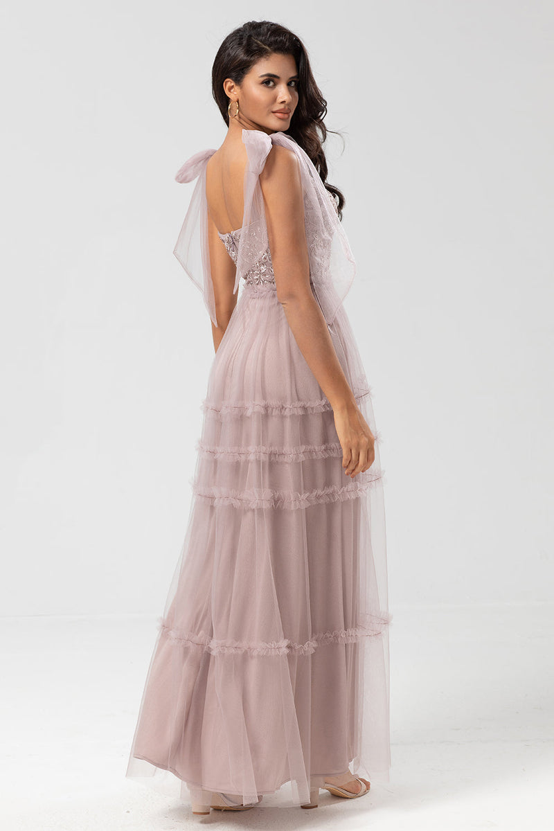 Laden Sie das Bild in den Galerie-Viewer, A-Linie V-Ausschnitt Staubiges rosa langes Brautjungfernkleid mit Perlen