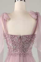 Laden Sie das Bild in den Galerie-Viewer, Tüll V-Ausschnitt Altrosa Brautjungfernkleid mit Perlen