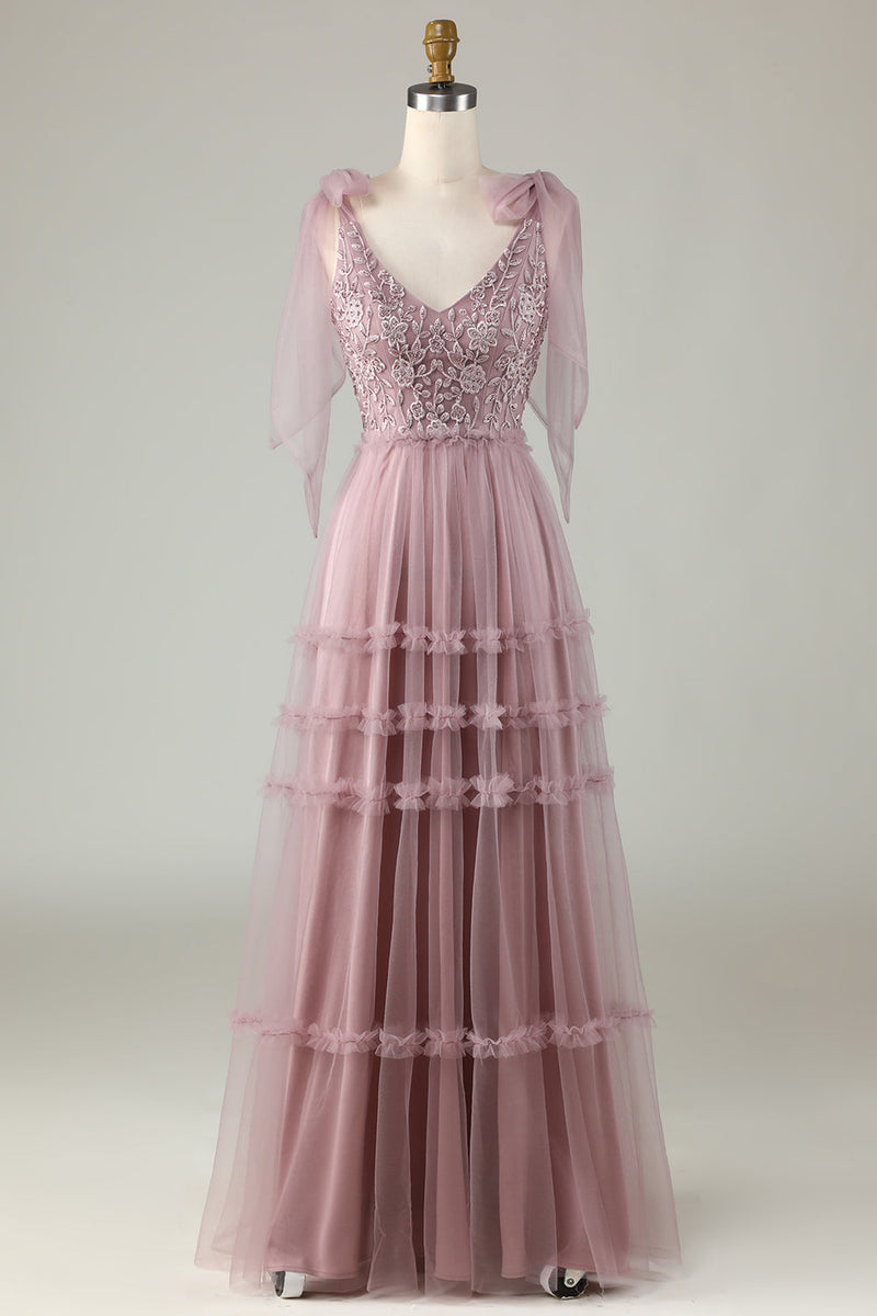 Laden Sie das Bild in den Galerie-Viewer, A-Linie V-Ausschnitt Staubiges rosa langes Brautjungfernkleid mit Perlen