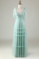 Laden Sie das Bild in den Galerie-Viewer, Tüll V-Ausschnitt Altrosa Brautjungfernkleid mit Perlen