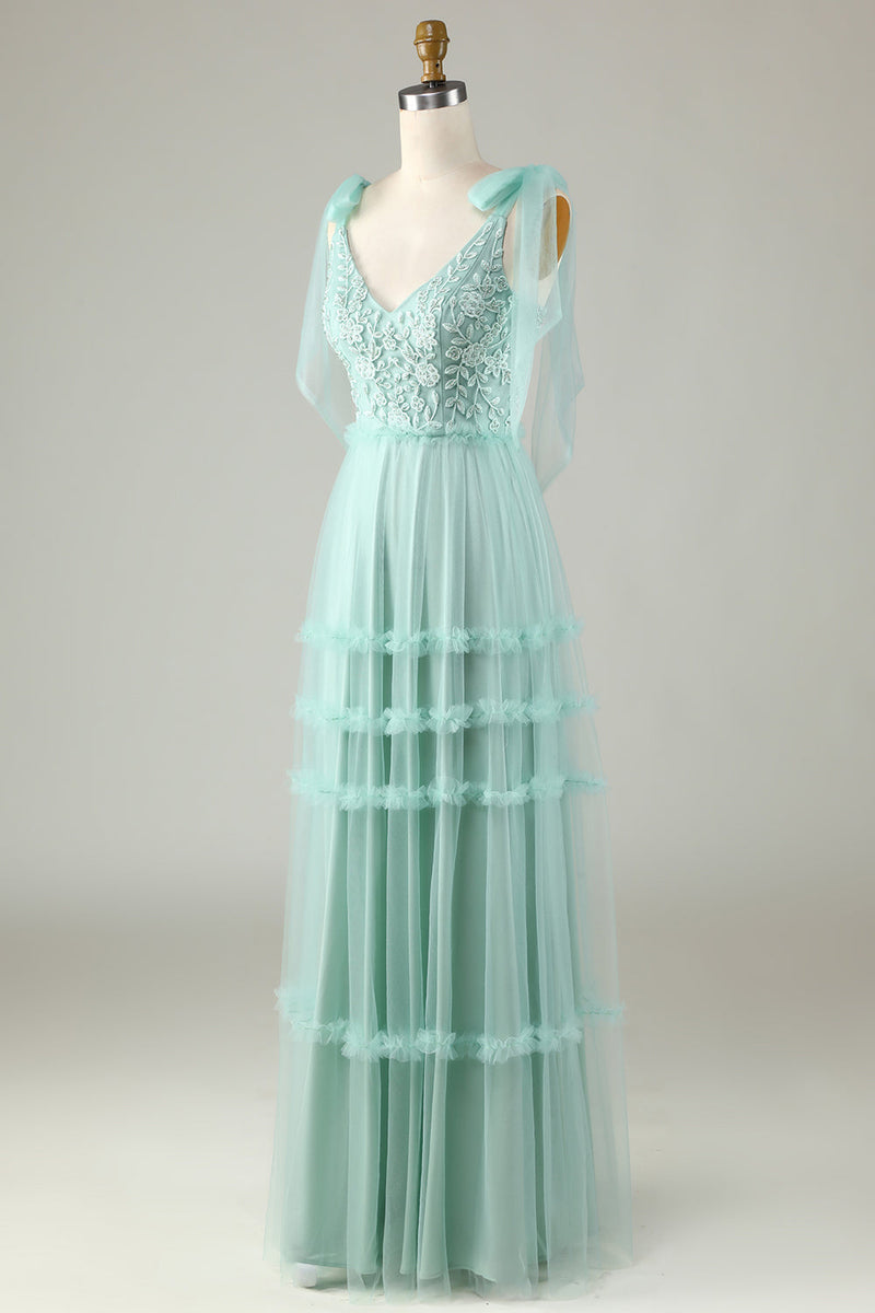 Laden Sie das Bild in den Galerie-Viewer, Tüll V-Ausschnitt Altrosa Brautjungfernkleid mit Perlen