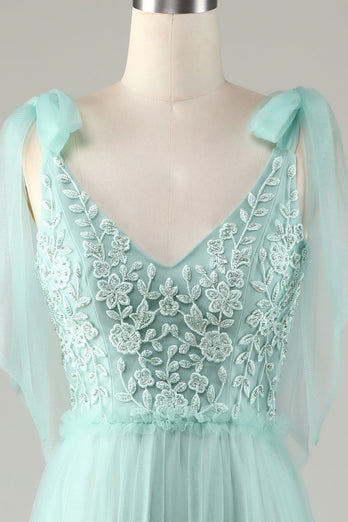 Tüll V-Ausschnitt Altrosa Brautjungfernkleid mit Perlen
