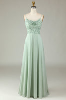 Laden Sie das Bild in den Galerie-Viewer, A-Linien Spaghettiträger Staubige Rose Langes Brautjungfernkleid mit Perlen