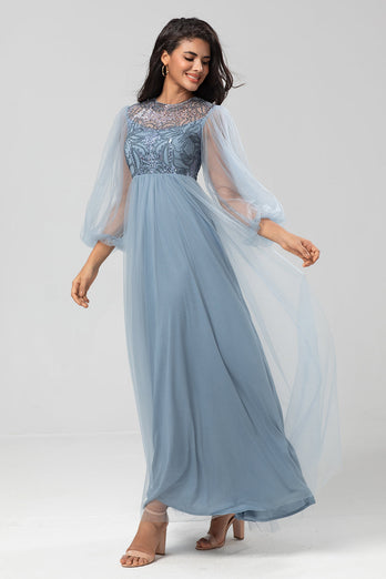 A-Linien Juwelen-Hals Grau Blau Langes Brautjungfernkleid mit langen Ärmeln