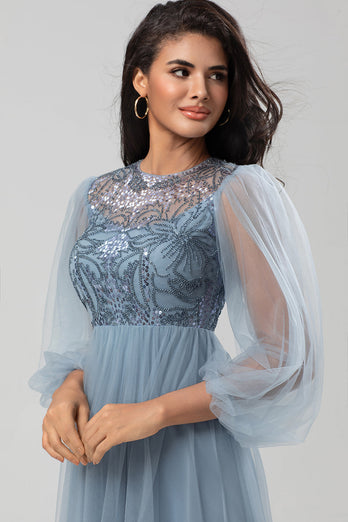 A-Linien Juwelen-Hals Grau Blau Langes Brautjungfernkleid mit langen Ärmeln