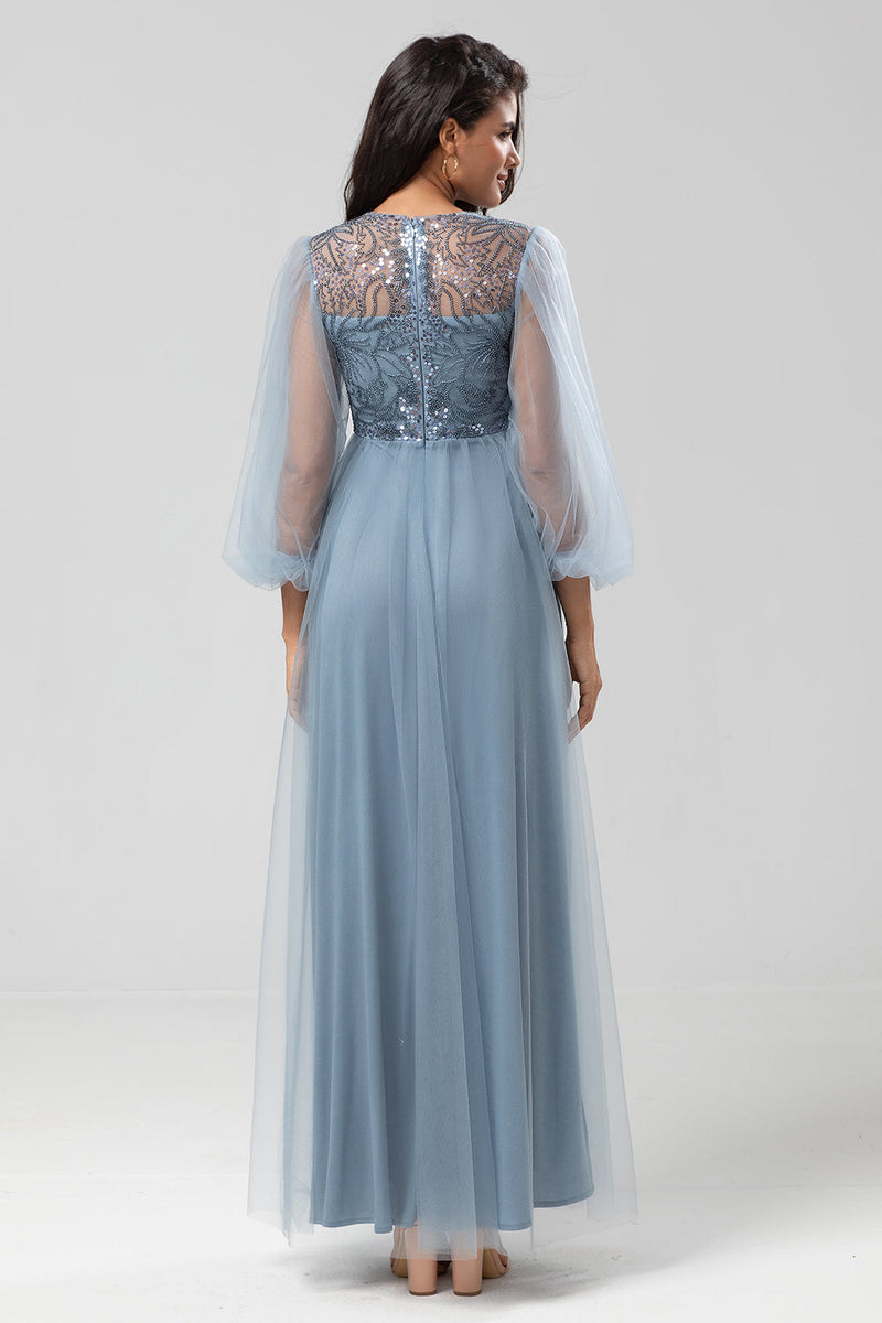 Laden Sie das Bild in den Galerie-Viewer, A-Linien Juwelen-Hals Grau Blau Langes Brautjungfernkleid mit langen Ärmeln