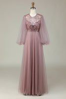 Laden Sie das Bild in den Galerie-Viewer, A Linie Grau Blau Pailletten Langärmeliges Brautjungfernkleid