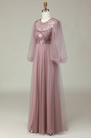 Laden Sie das Bild in den Galerie-Viewer, A Linie Grau Blau Pailletten Langärmeliges Brautjungfernkleid