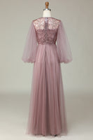 Laden Sie das Bild in den Galerie-Viewer, A Linie Grau Blau Pailletten Langärmeliges Brautjungfernkleid