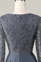 Laden Sie das Bild in den Galerie-Viewer, A Linie Eukalyptus V-Ausschnitt Perlen Langarm Brautjungfernkleid