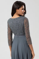 Laden Sie das Bild in den Galerie-Viewer, A Linie Eukalyptus Brautjungfernkleid mit V-Ausschnitt und langen Ärmeln