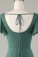 Laden Sie das Bild in den Galerie-Viewer, A-Linie Eukalyptus Langes Brautjungfernkleid mit Rüschen