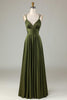 Laden Sie das Bild in den Galerie-Viewer, A Linie Spaghettiträger Olivgrünes langes Brautjungfernkleid mit Rüschen