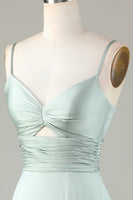 Laden Sie das Bild in den Galerie-Viewer, Schlüsselloch Spaghettiträger Matcha Brautjungfernkleid mit Schlitz