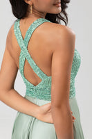 Laden Sie das Bild in den Galerie-Viewer, A Linie V-Ausschnitt Matcha Langes Brautjungfernkleid mit Perlen