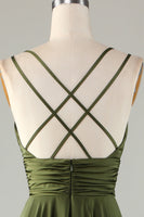 Laden Sie das Bild in den Galerie-Viewer, A-Linie V-Ausschnitt Ärmelloses Langes Brautjungfernkleid Olivgrünes