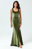 Laden Sie das Bild in den Galerie-Viewer, Meerjungfrauen Quadrathals Olivgrünes Langes Brautjungfernkleid mit Schlitz