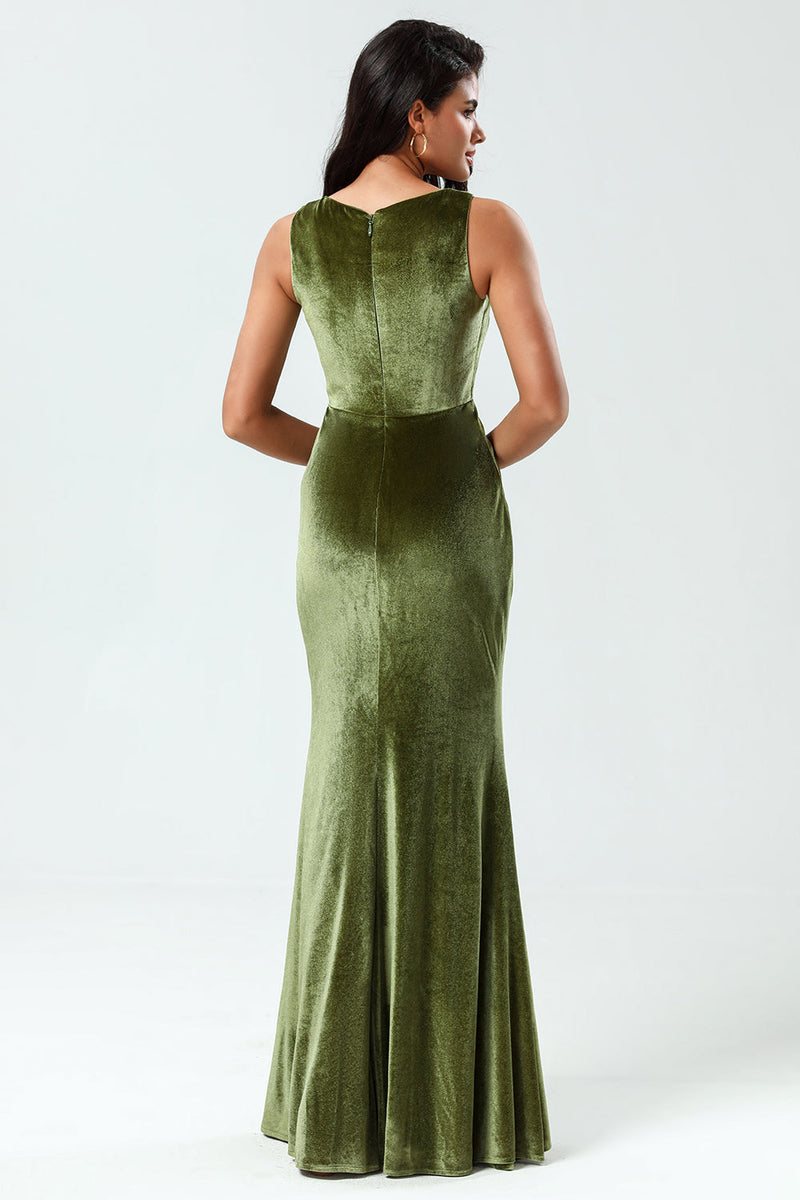 Laden Sie das Bild in den Galerie-Viewer, Meerjungfrauen Quadrathals Olivgrünes Langes Brautjungfernkleid mit Schlitz
