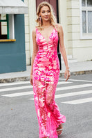 Laden Sie das Bild in den Galerie-Viewer, Glitzerndes Meerjungfrauen V-Ausschnitt fuchsia Pailletten Langes Ballkleid mit Applikationen